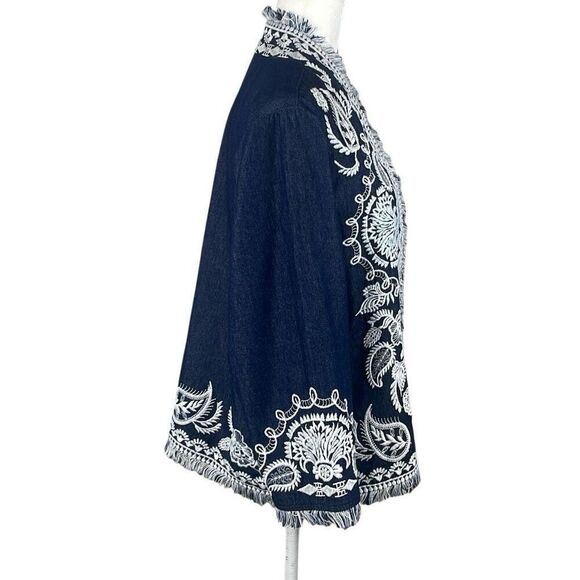 Soft Surroundings Mesaria Boho Embroidered Chambray Denim Fringe Trim Jacket XL - Picture 5 of 16
